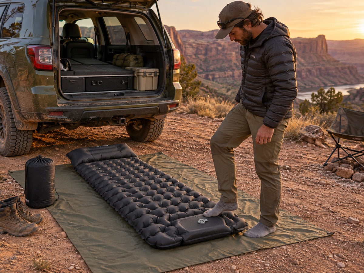 Camper setting up an AirFlex pad beside an overland vehicle
