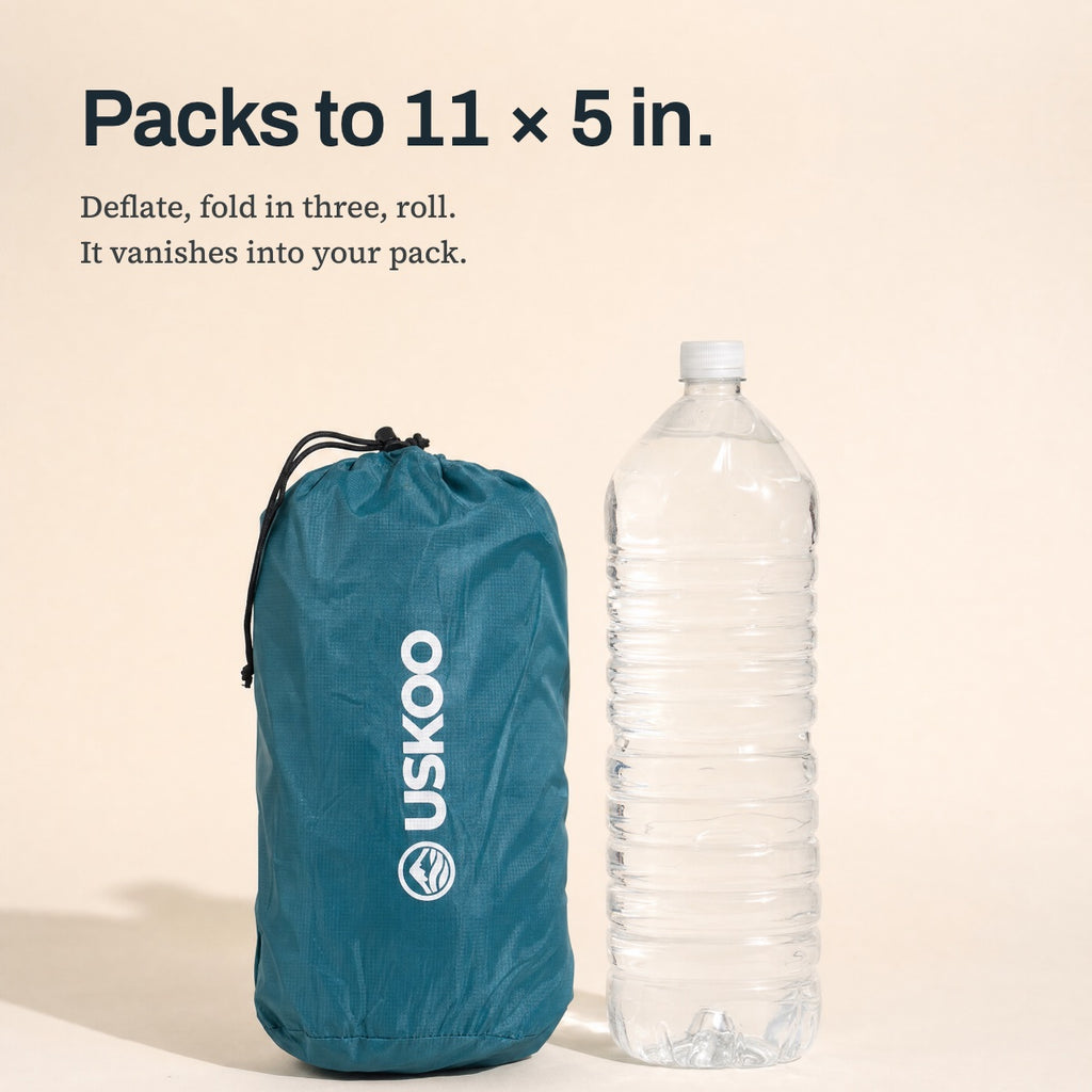Packs to 11 x 5 in — Uskoo AirFlex in its stuff sack next to a 2-liter water bottle for scale