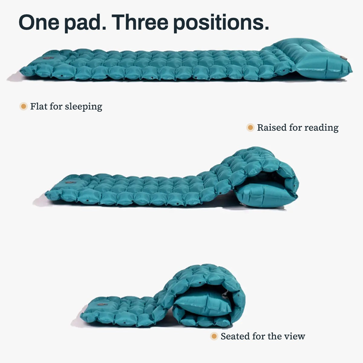 Uskoo AirFlex inflatable sleeping pad shown flat, reclined and seated — one pad, three positions