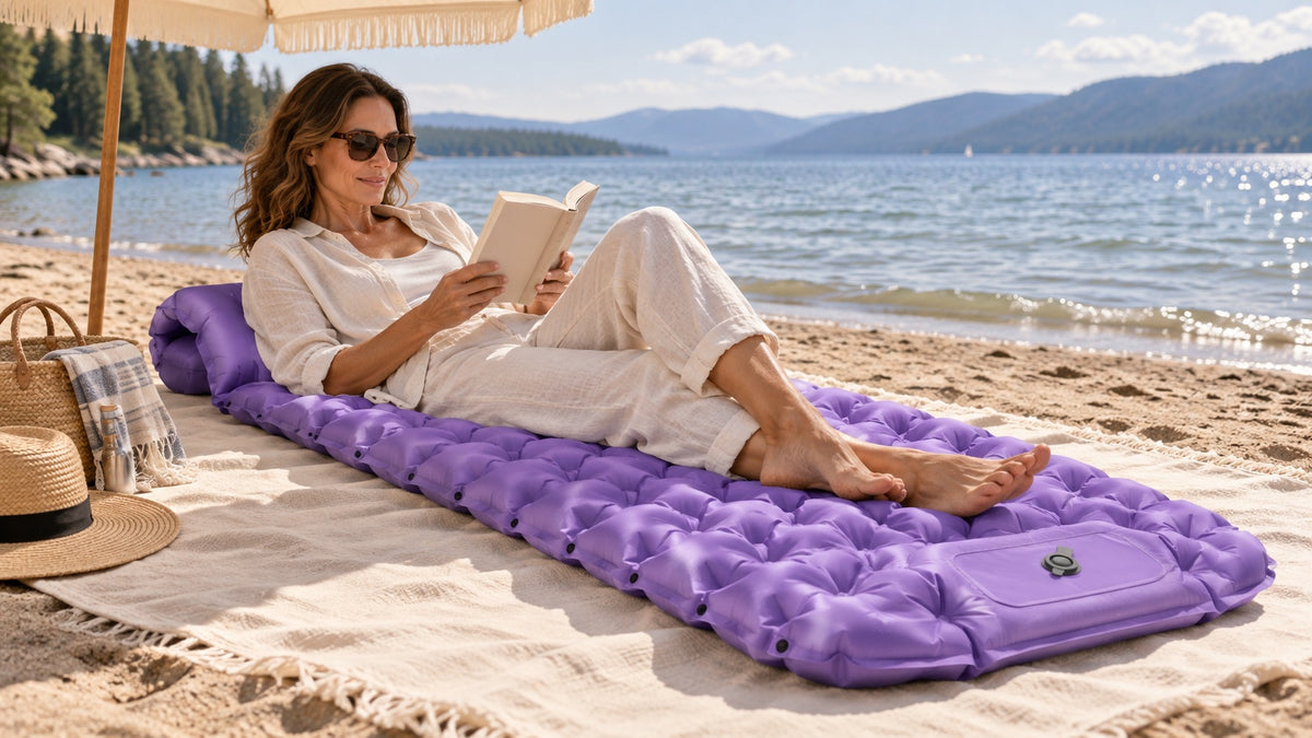 A woman reading on a violet AirFlex lounger beside a lake.