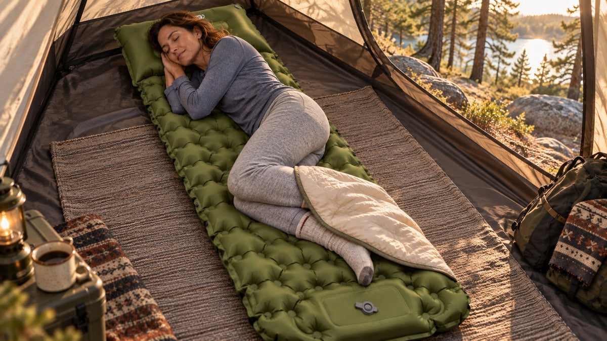 Camper resting on an AirFlex pad inside a tent
