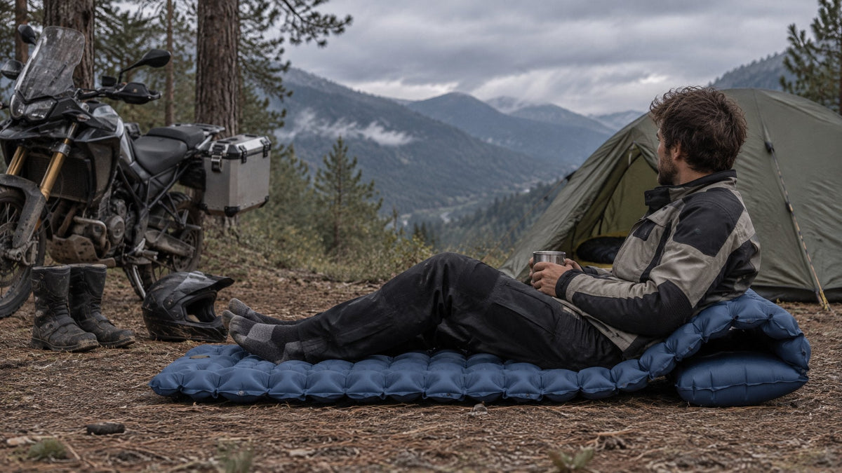 A motorcycle rider resting with a camp mug on a navy AirFlex pad folded into a lounger, tent and adventure bike behind him in a forest clearing